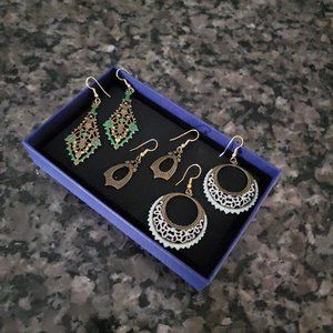 3 pair of Antique bronze dangle fashion costume earrings